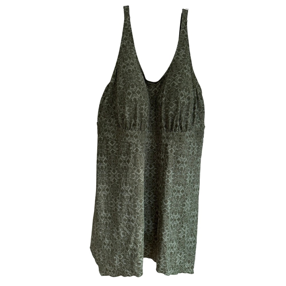 D&Co Beach Women Plus 30W Swim Dress Damask Print One Piece Swimsuit Olive Green